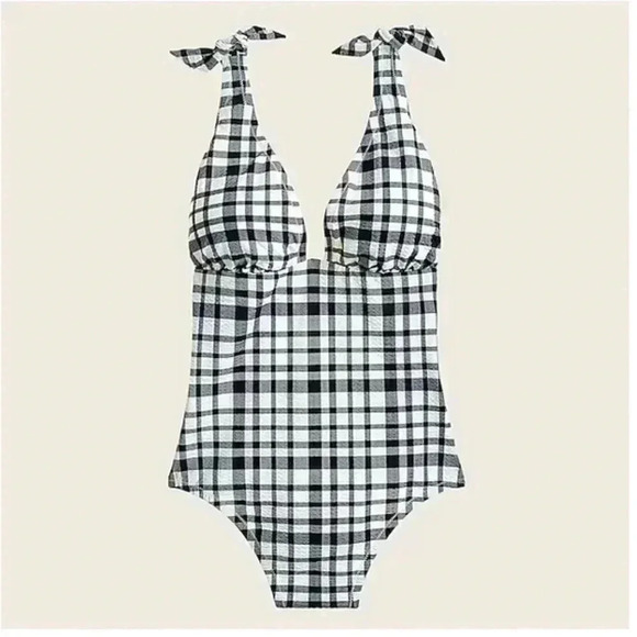J. Crew Tie-shoulder one-piece swimsuit in marine plaid Navy Blue White - Picture 4 of 4